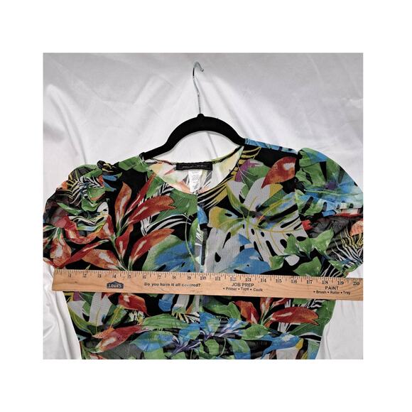 Touch Me sheer Multicolor Leaf pattern 1/2 Sleeve Ruched  Puff sleeve V-Neck LG - Picture 5 of 11